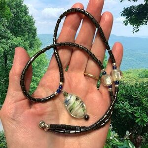 Handmade Necklace Hematite Black  Silver/Green  pendant